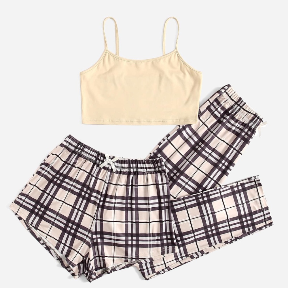 NWT ROWME PLAID 3-PIECE PJ SET CROP TOP, PANTS, SHORTS - M